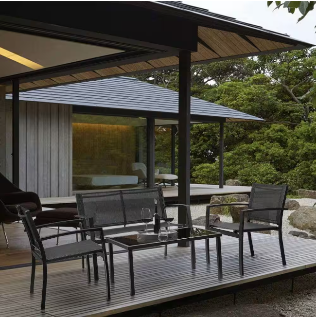 Black 4-Piece Metal Outdoor Bistro Set Patio Conversation Set Glass Coffee Table