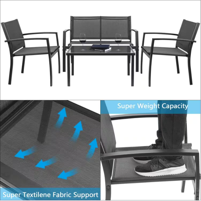 Black 4-Piece Metal Outdoor Bistro Set Patio Conversation Set Glass Coffee Table