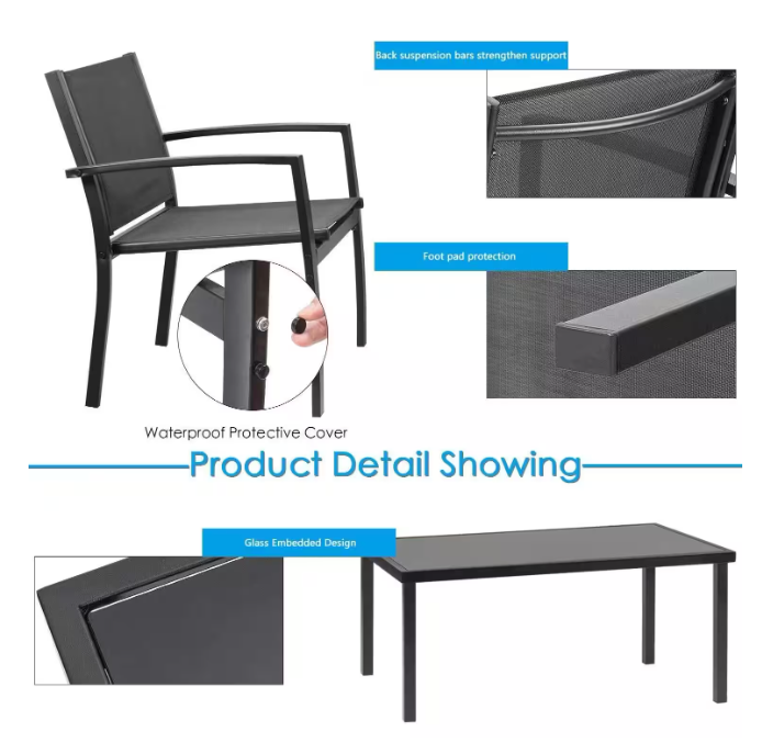 Black 4-Piece Metal Outdoor Bistro Set Patio Conversation Set Glass Coffee Table