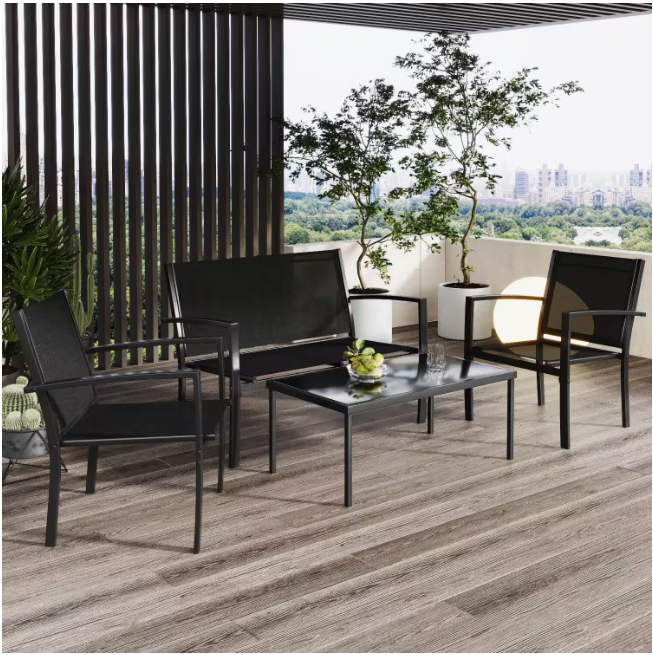 Black 4-Piece Metal Outdoor Bistro Set Patio Conversation Set Glass Coffee Table