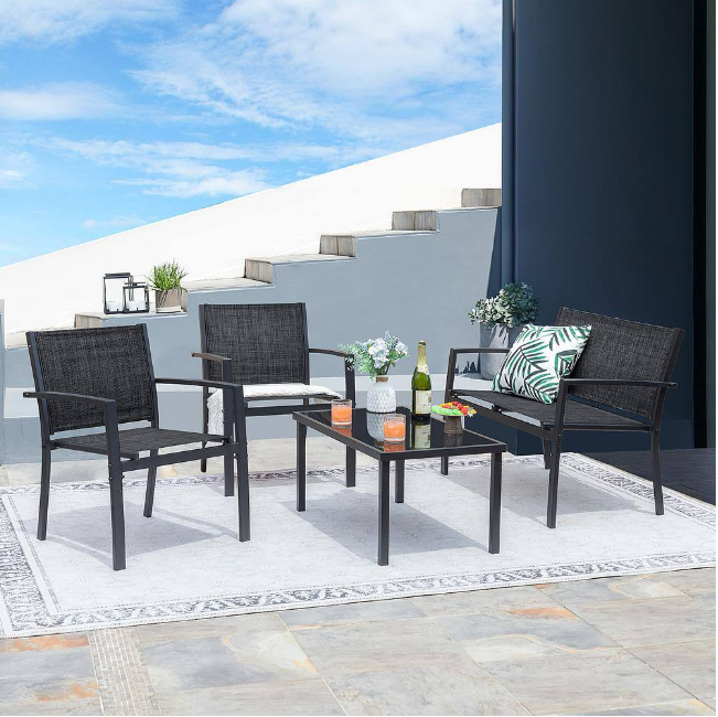Black 4-Piece Metal Outdoor Bistro Set Patio Conversation Set Glass Coffee Table