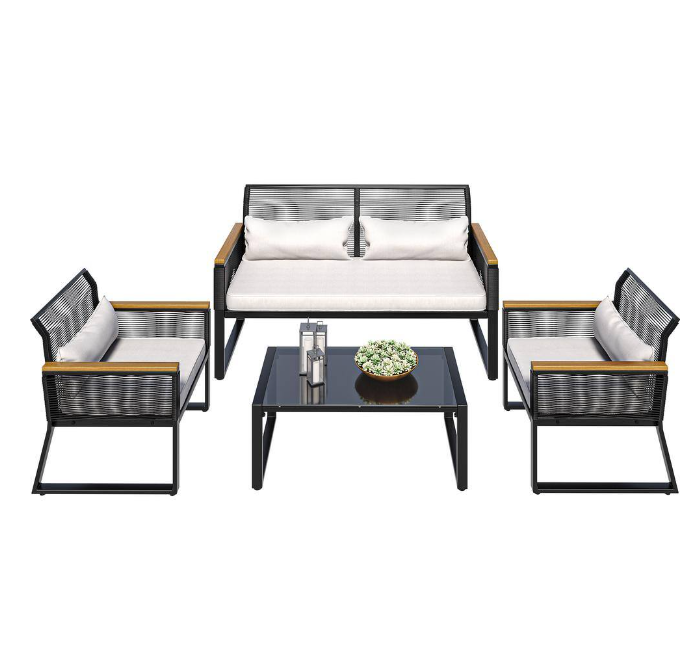 4-Piece Wicker Patio Conversation Set Beige Cushions