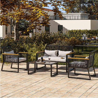 4-Piece Wicker Patio Conversation Set Beige Cushions
