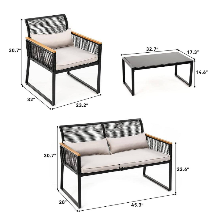 4-Piece Wicker Patio Conversation Set Beige Cushions
