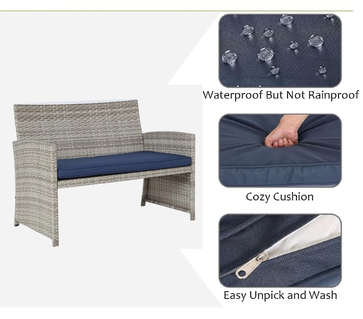 4 Pieces Patio Furniture Sets Outdoor Sectional Wicker Set Outdoor Conversation Set Patio Set Patio Loveseats with Coffee Table Porch, Poolside, Terrace, and Yard (Grey-Dark Blue)