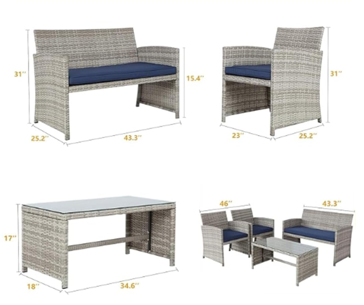 4 Pieces Patio Furniture Sets Outdoor Sectional Wicker Set Outdoor Conversation Set Patio Set Patio Loveseats with Coffee Table Porch, Poolside, Terrace, and Yard (Grey-Dark Blue)