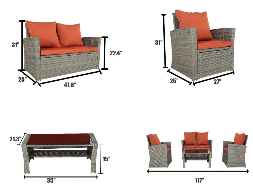 4 Pieces Patio Furniture Sets Outdoor Sectional Wicker Set Outdoor Conversation Set Patio Set Patio Loveseats with Coffee Table