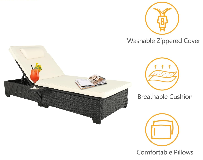 Outdoor Chaise Lounge Patio Wicker Lounge Chair Adjustable with 5-Position Design Wooden Texture for Patio, Beach and Poolside (White)f