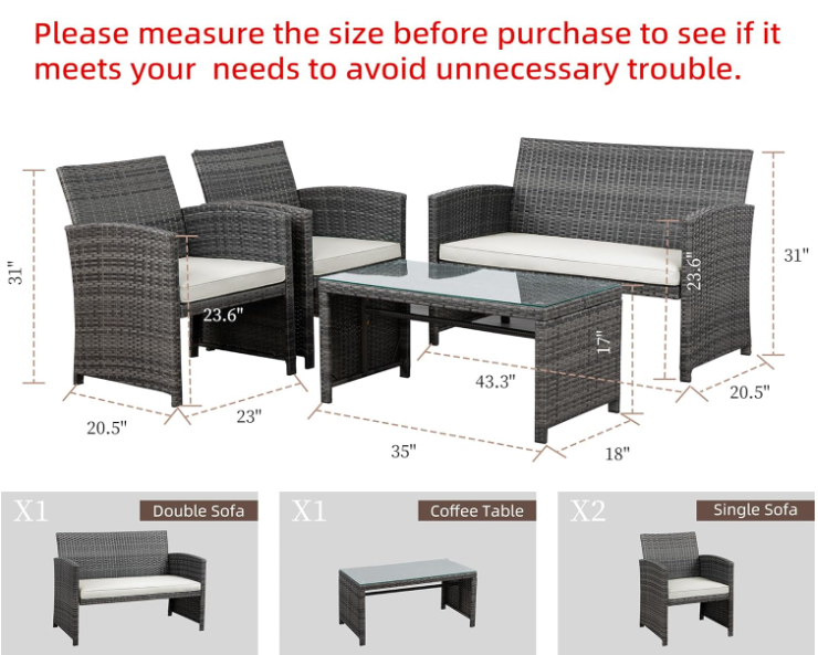 Outdoor Wicker Patio Conversation Furniture Set with Cushions and Tempered Glass Tabletop