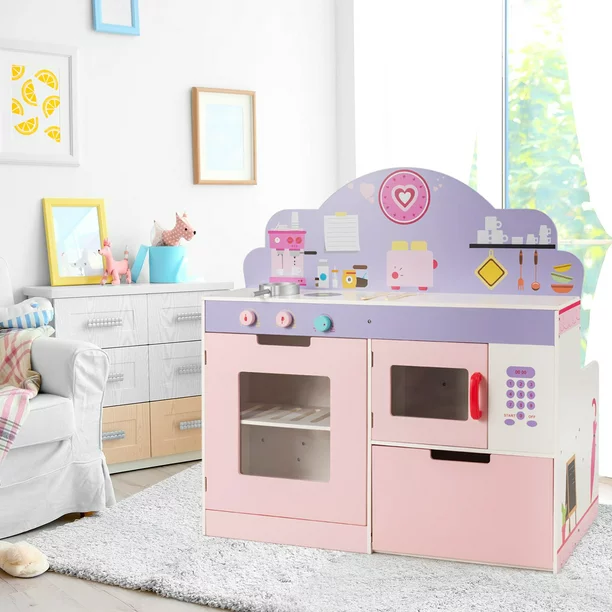 Kids Kitchen Playset, 2-in-1 Play Kitchen & Restaurant Set with Table & Seats