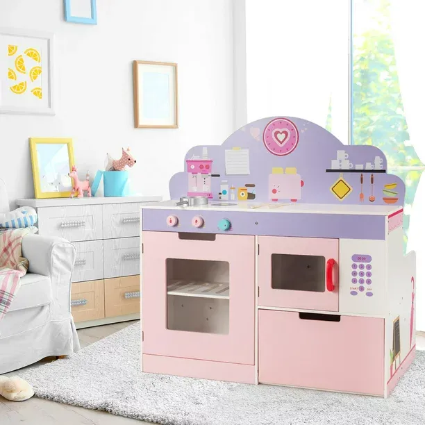 Kids Kitchen Playset, 2-in-1 Play Kitchen & Restaurant Set with Table & Seats