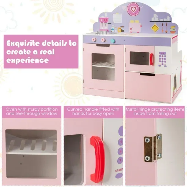 Kids Kitchen Playset, 2-in-1 Play Kitchen & Restaurant Set with Table & Seats