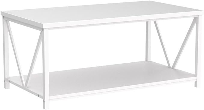 Rustic Coffee Table, Modern Living Room Table with Storage Shelf, White Oak