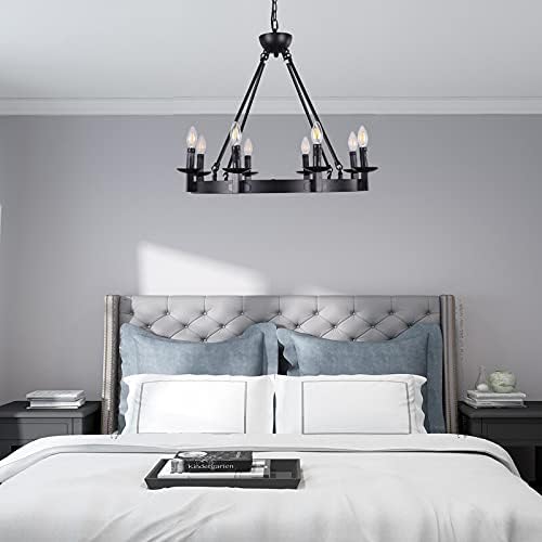 Black Farmhouse Chandeliers Wagon Wheel, Industrial 8 Lights Iron Lighting Candle Style 28", Rustic Hanging Ceiling Light Fixture