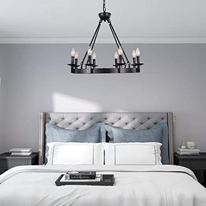 Black Farmhouse Chandeliers Wagon Wheel, Industrial 8 Lights Iron Lighting Candle Style 28", Rustic Hanging Ceiling Light Fixture