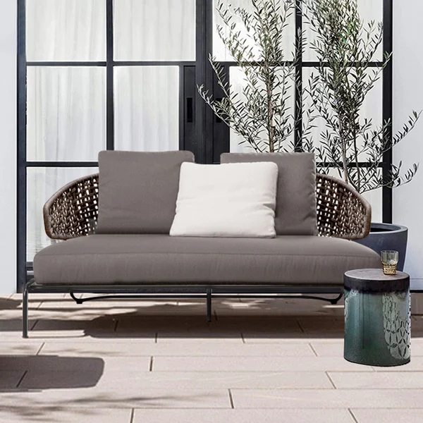 Gray Rattan Patio Sofa 2-Seater Loveseat with Cushion Pillow