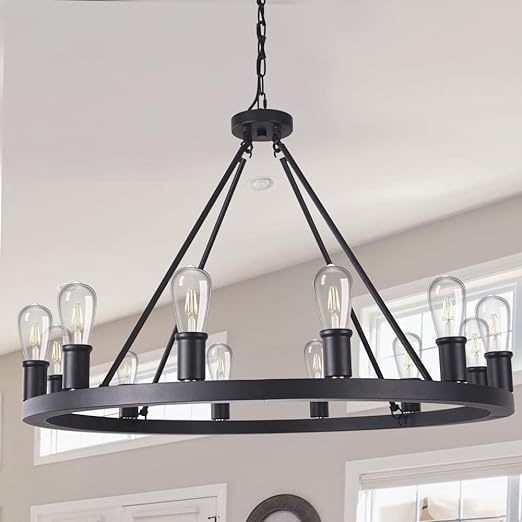 Farmhouse Black Chandelier,12 Lights Wagon Wheel Large Chandeliers for Kitchen Island,Hanging Modern Farmhouse Pendant Ceiling Lighting