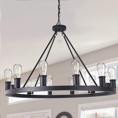 Farmhouse Black Chandelier,12 Lights Wagon Wheel Large Chandeliers for Kitchen Island,Hanging Modern Farmhouse Pendant Ceiling Lighting