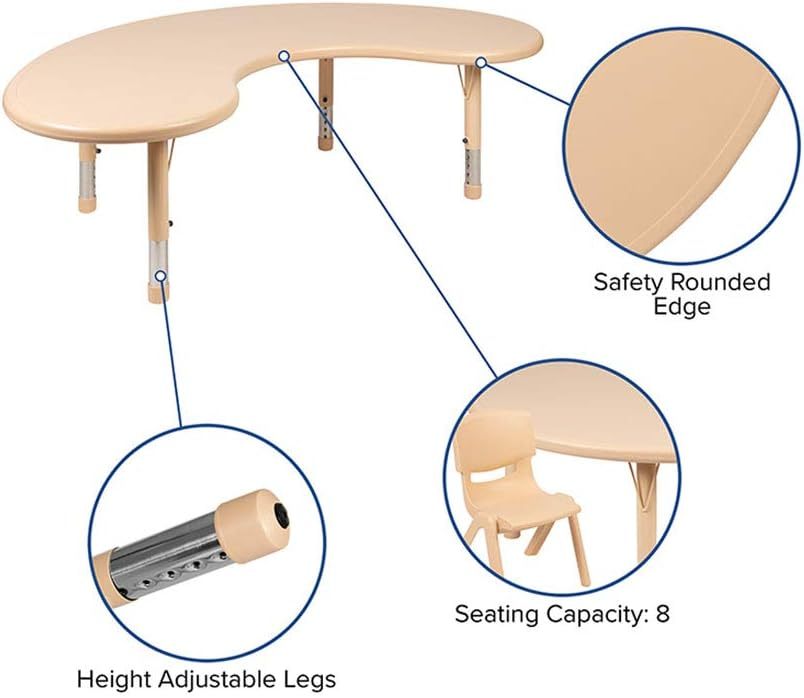 35"W x 65"L Half-Moon Natural Plastic Height Adjustable Activity Table Set