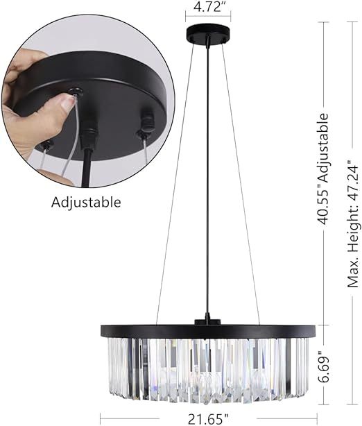 Modern Crystal Chandelier for Dining Room, 6 Lights Black Farmhouse Crystal Pendant Light, Vintage Ceiling Lighting Fixture for Kitchen Island, Living Room, Bedroom, Hallway, Foyer, W-21.65”