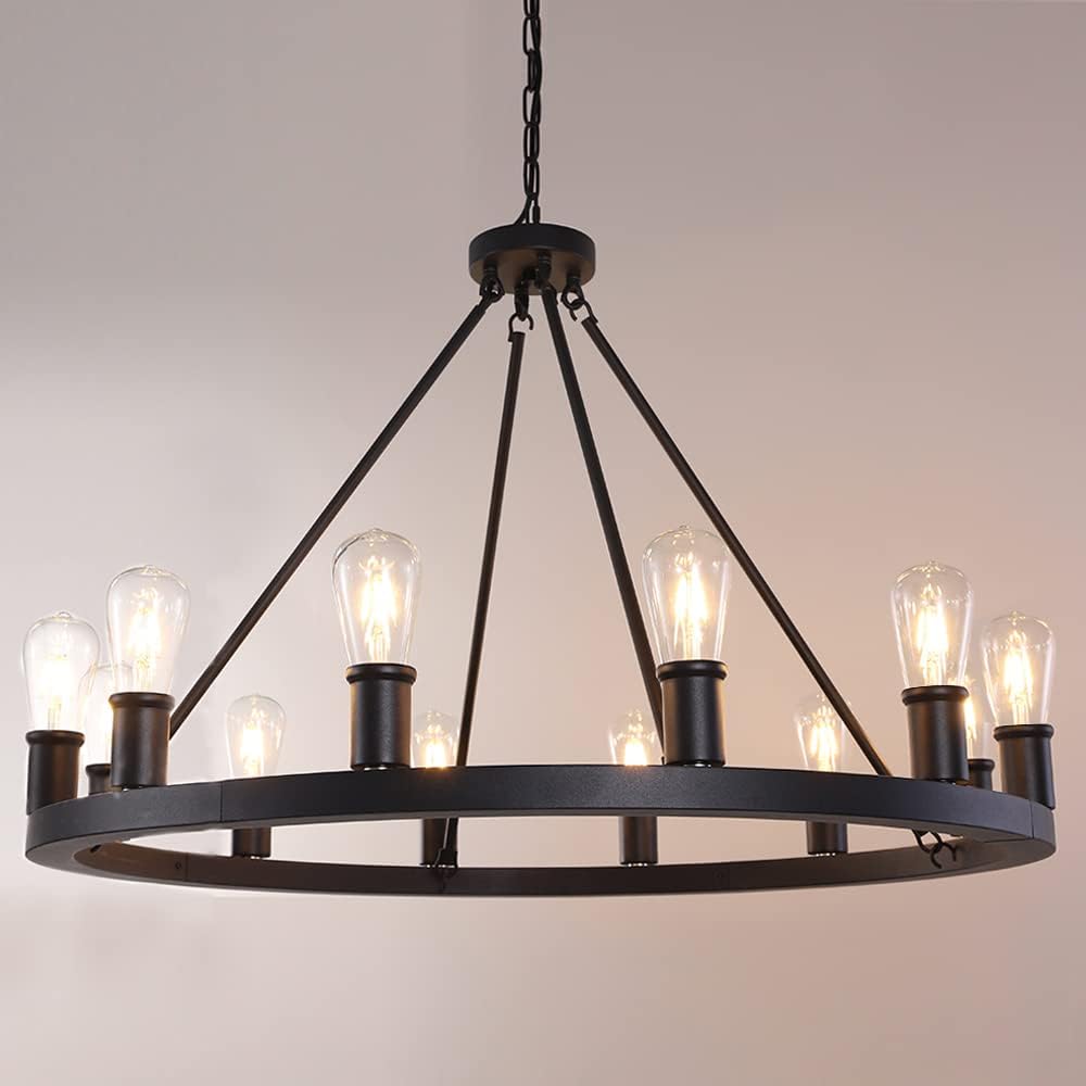 Farmhouse Black Chandelier,12 Lights Wagon Wheel Large Chandeliers for Kitchen Island,Hanging Modern Farmhouse Pendant Ceiling Lighting
