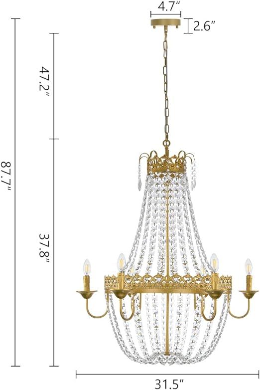 French Empire Crystal Chandelier Modern Adjustable Hanging Pendant Ceiling Mount Light Fixture for Hallway Dining Living Room Bedroom Foyer, H 38.2" x W 31.5", Gold, 6-Light, E12 Base