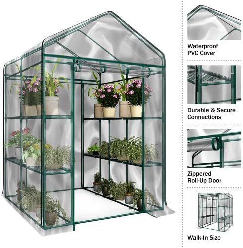 Walk in Greenhouse with 8 Sturdy Shelves and PVC Cover for Indoor or Outdoor Use - 56 x 56 x 76-Inch