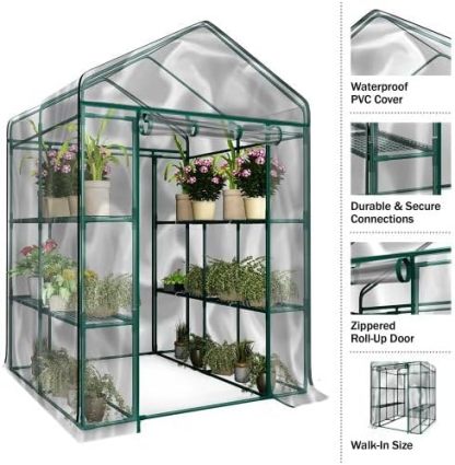 Walk in Greenhouse with 8 Sturdy Shelves and PVC Cover for Indoor or Outdoor Use - 56 x 56 x 76-Inch