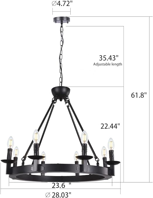 Black Farmhouse Chandeliers Wagon Wheel, Industrial 8 Lights Iron Lighting Candle Style 28", Rustic Hanging Ceiling Light Fixture