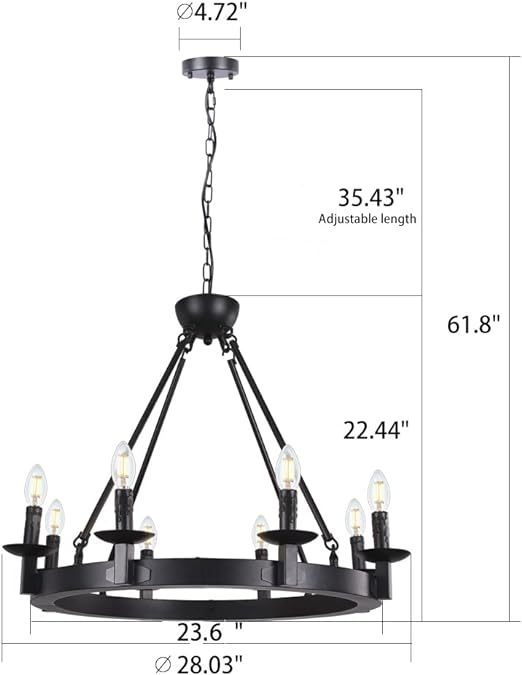 Black Farmhouse Chandeliers Wagon Wheel, Industrial 8 Lights Iron Lighting Candle Style 28", Rustic Hanging Ceiling Light Fixture
