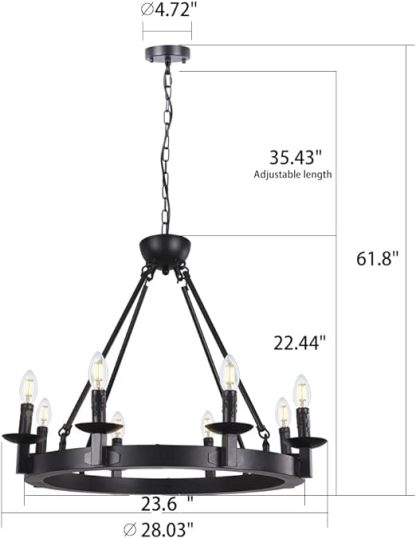 Black Farmhouse Chandeliers Wagon Wheel, Industrial 8 Lights Iron Lighting Candle Style 28", Rustic Hanging Ceiling Light Fixture