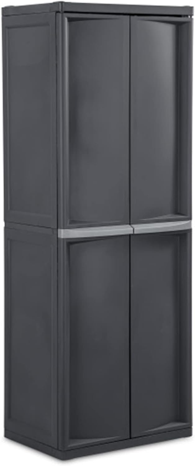 4 Shelf Cabinet, Heavy Duty and Easy to Assemble Plastic Storage Unit, Organize Bins in the Garage, Basement, Attic, Mudroom, Gray, 1-Pack