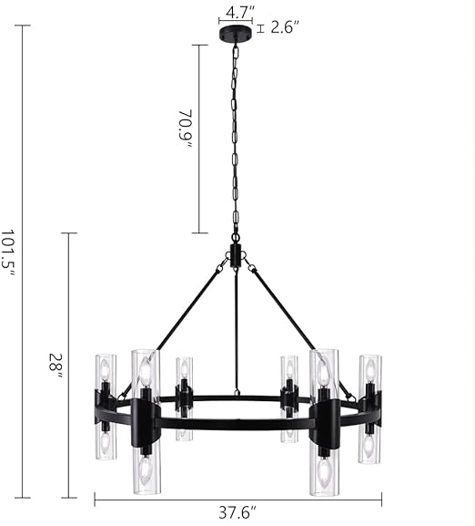 Black Farmhouse Chandelier 38 inch, 12 Lights Modern Wagon Wheel Chandeliers for Dining Room Entryway