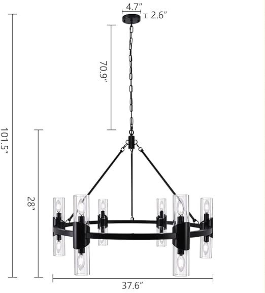 Black Farmhouse Chandelier 38 inch, 12 Lights Modern Wagon Wheel Chandeliers for Dining Room Entryway