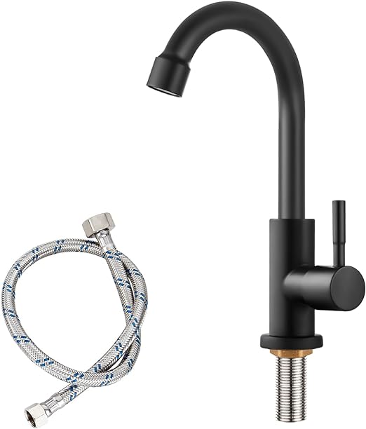 Matte Black Cold Water Only Kitchen Faucet Single Handle 1 Hole Deck Mount 360 Degree Swivel Spout High Arc SUS304 Stainless Steel Sink Bar Tap Goose Neck with Hose(Drain Not Included)