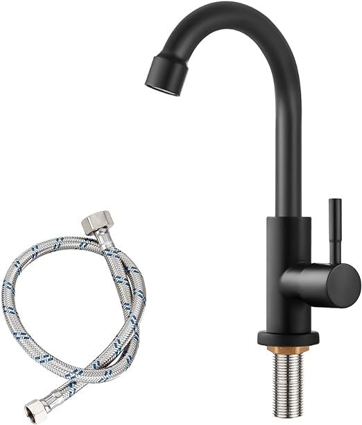 Matte Black Cold Water Only Kitchen Faucet Single Handle 1 Hole Deck Mount 360 Degree Swivel Spout High Arc SUS304 Stainless Steel Sink Bar Tap Goose Neck with Hose(Drain Not Included)