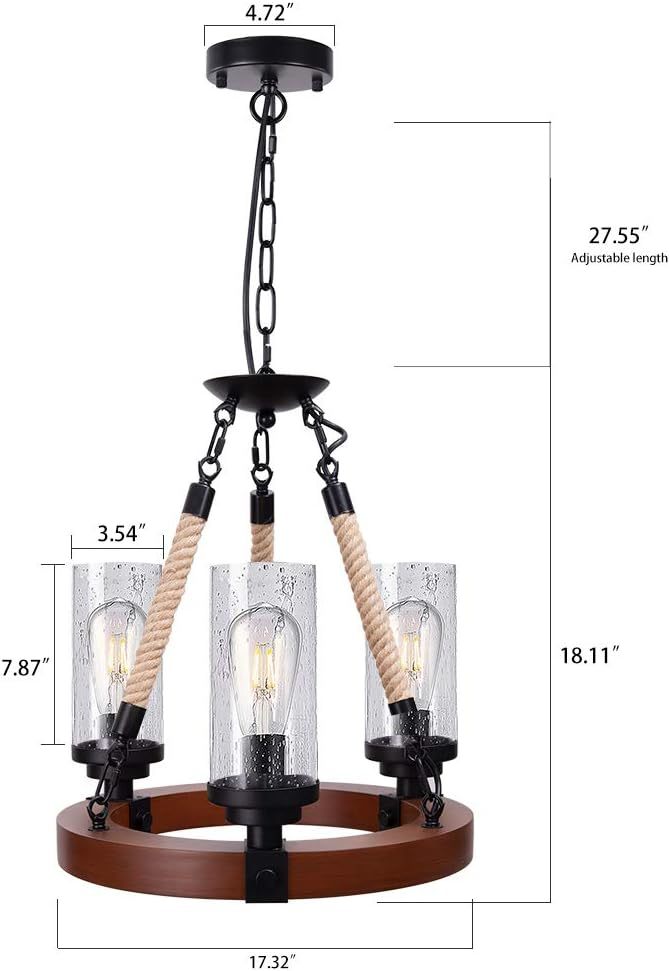 Farmhouse Chandelier, Wood Wagon Wheel Chandelier with Seeded Glass Shade, Hanging Rustic Round 3 Lights Ceiling Pendant Lighting