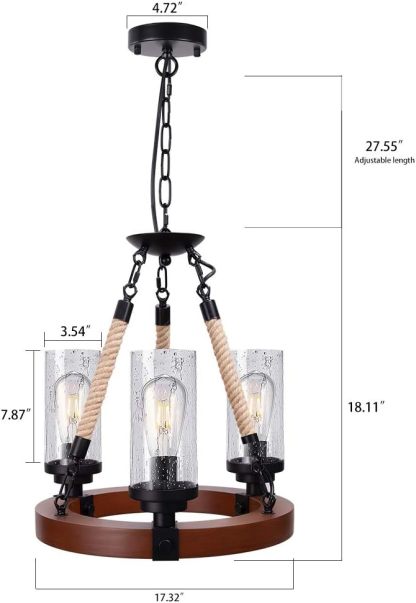 Farmhouse Chandelier, Wood Wagon Wheel Chandelier with Seeded Glass Shade, Hanging Rustic Round 3 Lights Ceiling Pendant Lighting