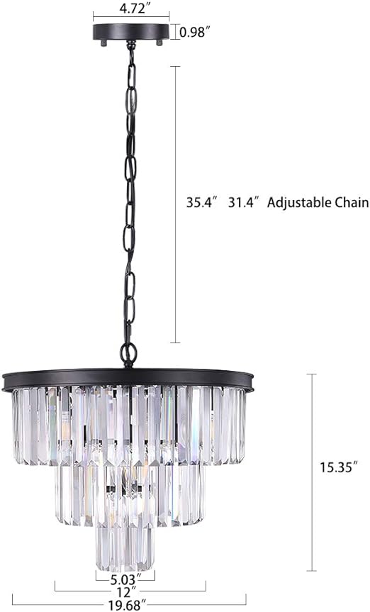 20 inch Black Crystal Chandelier, 3-Tier Contemporary Modern Bathroom Chandeliers, 7-Light Adjustable Hanging Round Ceiling Light for Bedroom, Entryway, Dining Room, Girls Room, Foyer