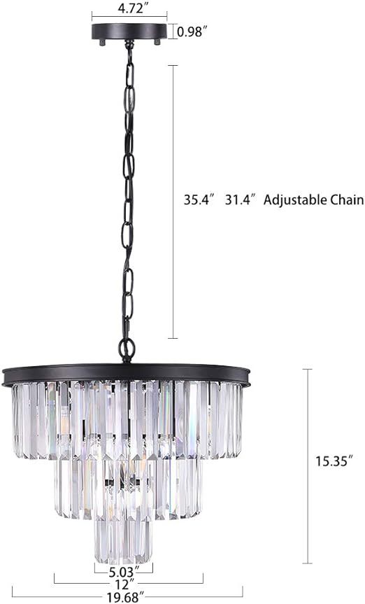 20 inch Black Crystal Chandelier, 3-Tier Contemporary Modern Bathroom Chandeliers, 7-Light Adjustable Hanging Round Ceiling Light for Bedroom, Entryway, Dining Room, Girls Room, Foyer