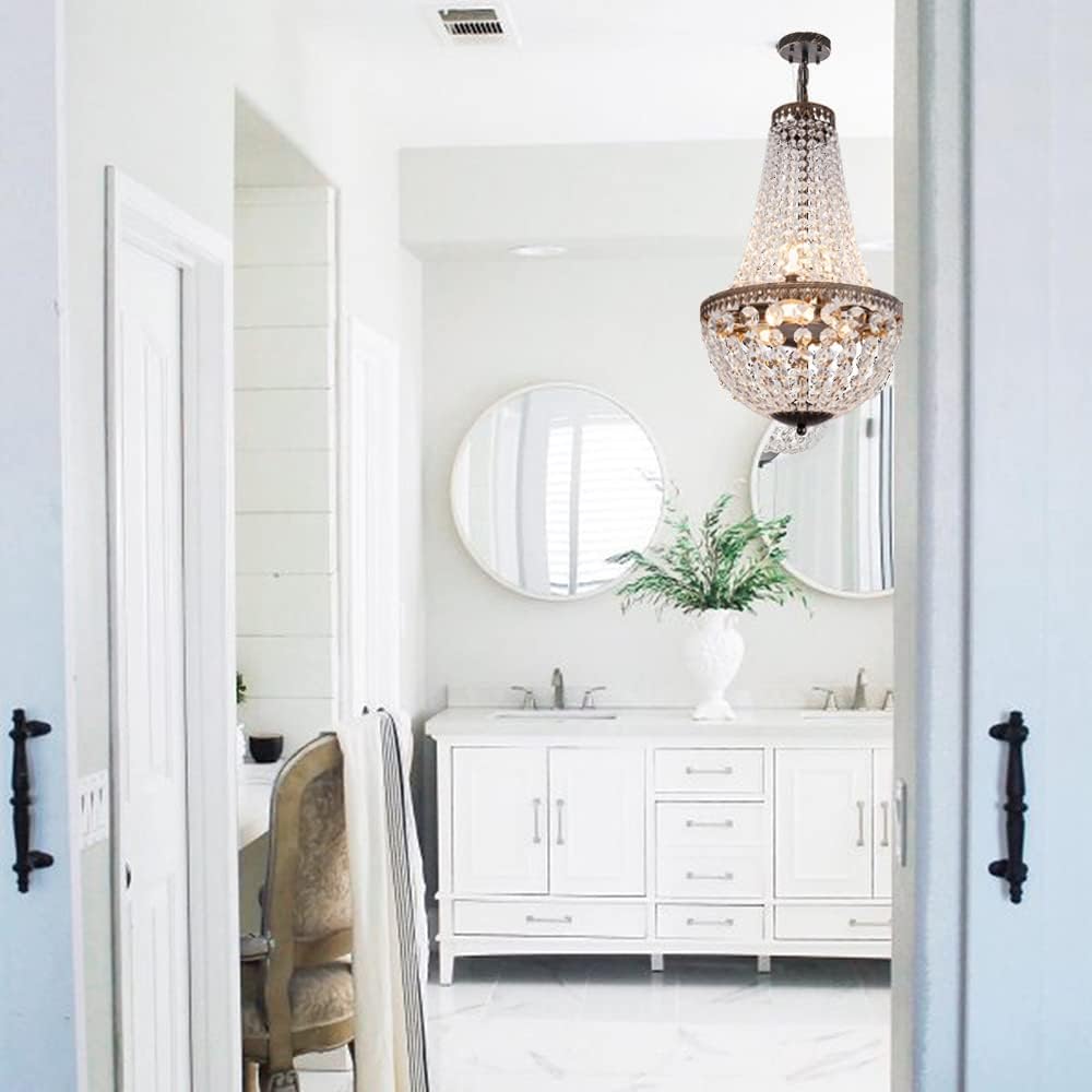 6 Lights French Empire Crystal Chandelier, 13 Inch Farmhouse Pendant Chandeliers Lighting, Adjustable Antique Bronze Ceiling Light