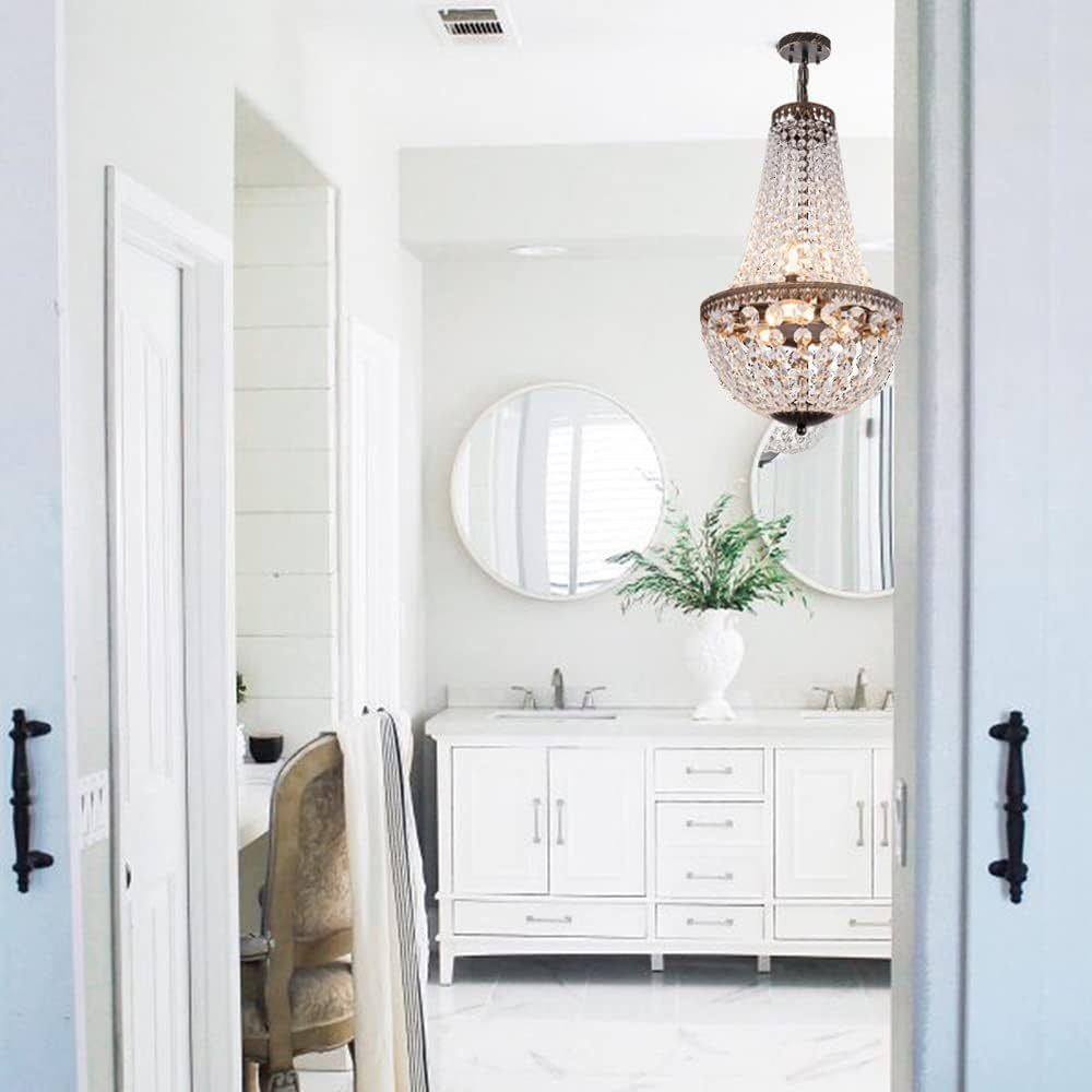 6 Lights French Empire Crystal Chandelier, 13 Inch Farmhouse Pendant Chandeliers Lighting, Adjustable Antique Bronze Ceiling Light