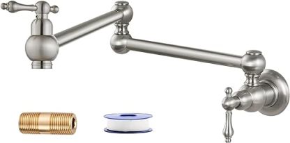 Restaurant Double Handles Pot Filler Brushed Nickel Kitchen Folding Faucet with 360 Degrees Swing Arm Classical Heyalan Single Hole SUS304 Stainless Steel Wall Mount Dual Joints