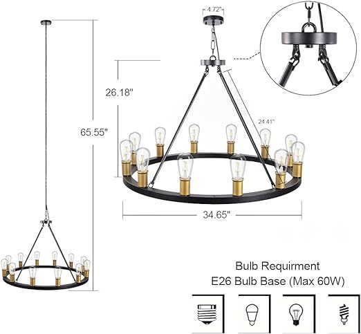 Farmhouse Chandelier,12 Lights Black Wagon Wheel Large Chandelier for Kitchen Island,Hanging Modern Farmhouse Pendant Light