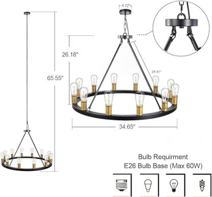 Farmhouse Chandelier,12 Lights Black Wagon Wheel Large Chandelier for Kitchen Island,Hanging Modern Farmhouse Pendant Light
