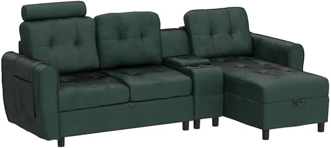 Sectional Sofa Couch with Storage, Small L-Shaped Couches with Chaise & 2 Cup Holders