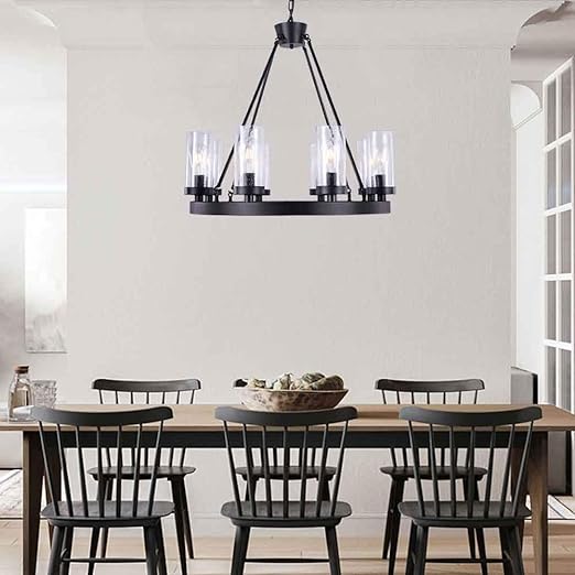 Matte Black Wagon Wheel Chandeliers Bubble Glass Shade, Farmhouse 30” 8-Light Iron Chandelier, Industrial Rustic Hanging Ceiling Light Dining Room Kitchen Bedroom Living Room Foyer Hallway