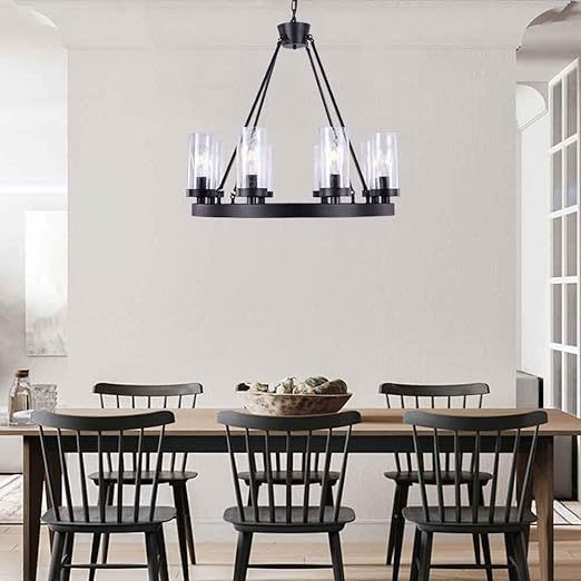 Matte Black Wagon Wheel Chandeliers Bubble Glass Shade, Farmhouse 30” 8-Light Iron Chandelier, Industrial Rustic Hanging Ceiling Light Dining Room Kitchen Bedroom Living Room Foyer Hallway