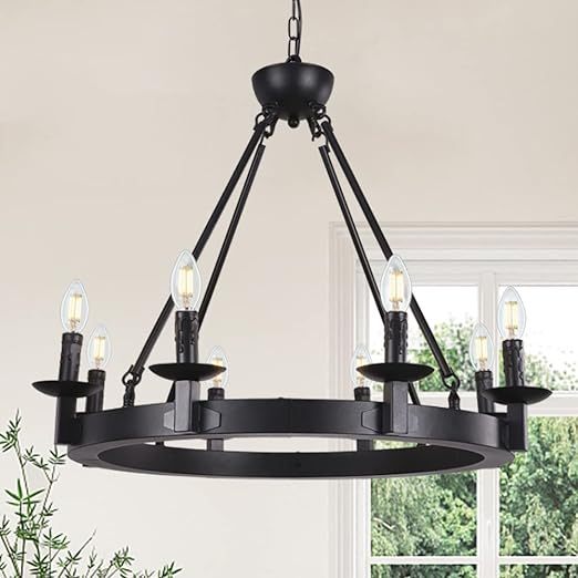 Black Farmhouse Chandeliers Wagon Wheel, Industrial 8 Lights Iron Lighting Candle Style 28", Rustic Hanging Ceiling Light Fixture