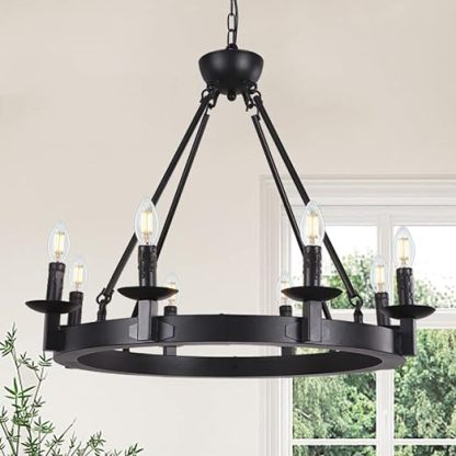Black Farmhouse Chandeliers Wagon Wheel, Industrial 8 Lights Iron Lighting Candle Style 28", Rustic Hanging Ceiling Light Fixture